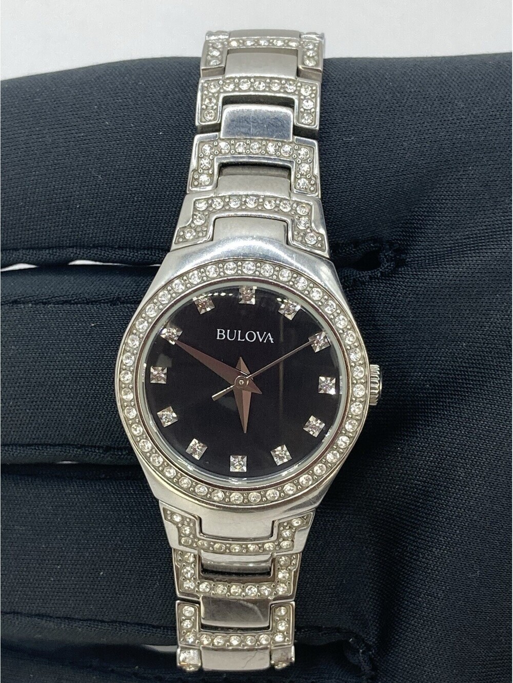 Bulova Women's C8601126 Crystal Bezel Accent Silver Tone Quartz Watch Black Dial